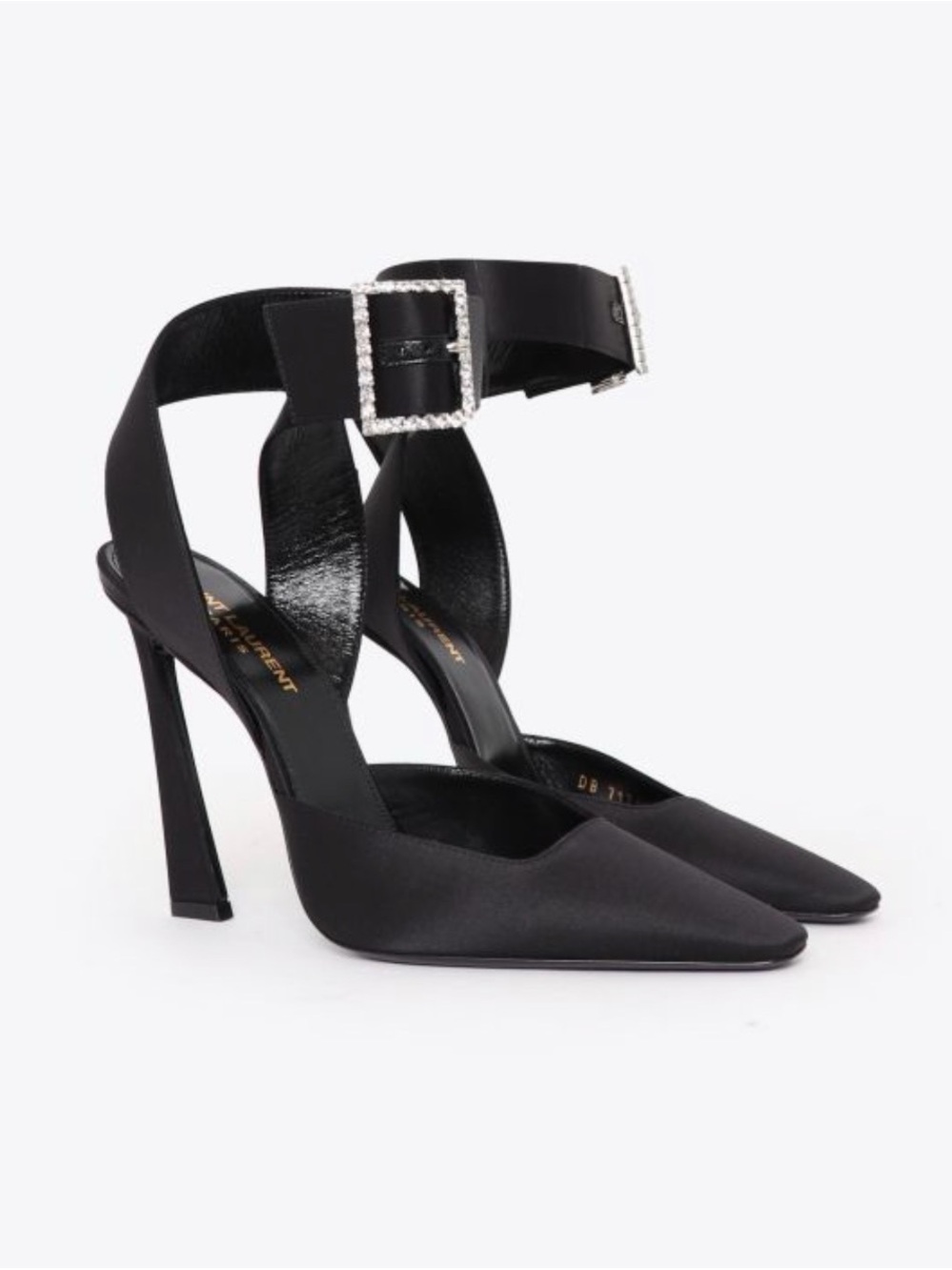 Saint Laurent Claude Black Satin Pointed-Toe Crystal Buckle Ankle-Strap Heels